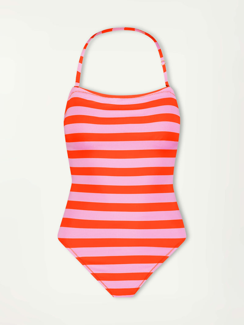 Product Front Shot of lemlem DINHA One Piece  featuring  bold and vibrant neon orange red, accented by soft rose stripe 