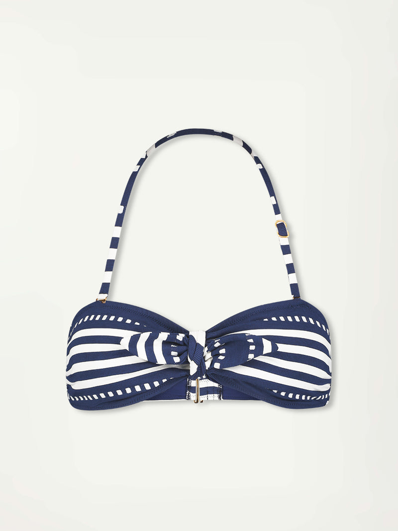 Product Front Shot of lemlem Ava Bandeau Top featuring a classic navy background with ivory stripes and dots 