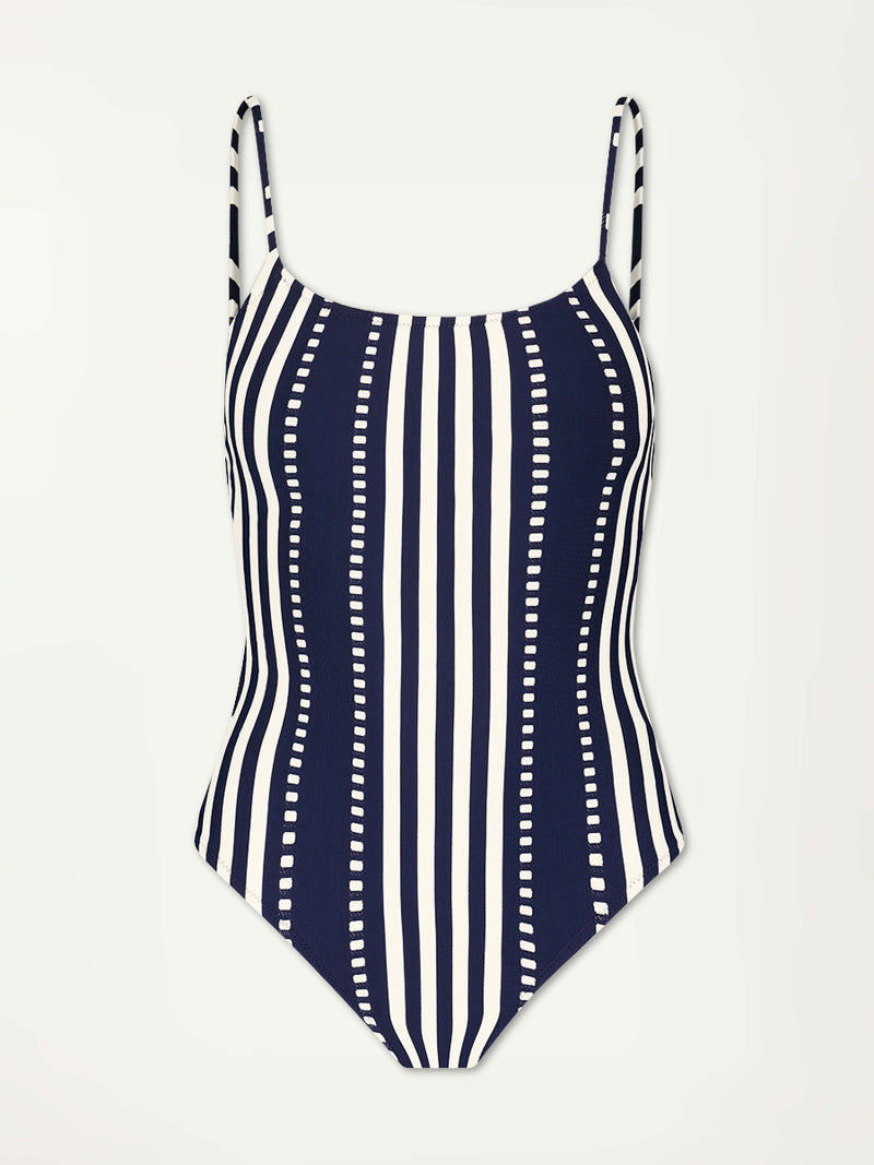 Product Front Shot of lemlem ELENE One Piece featuring a classic navy background with ivory stripes and dots