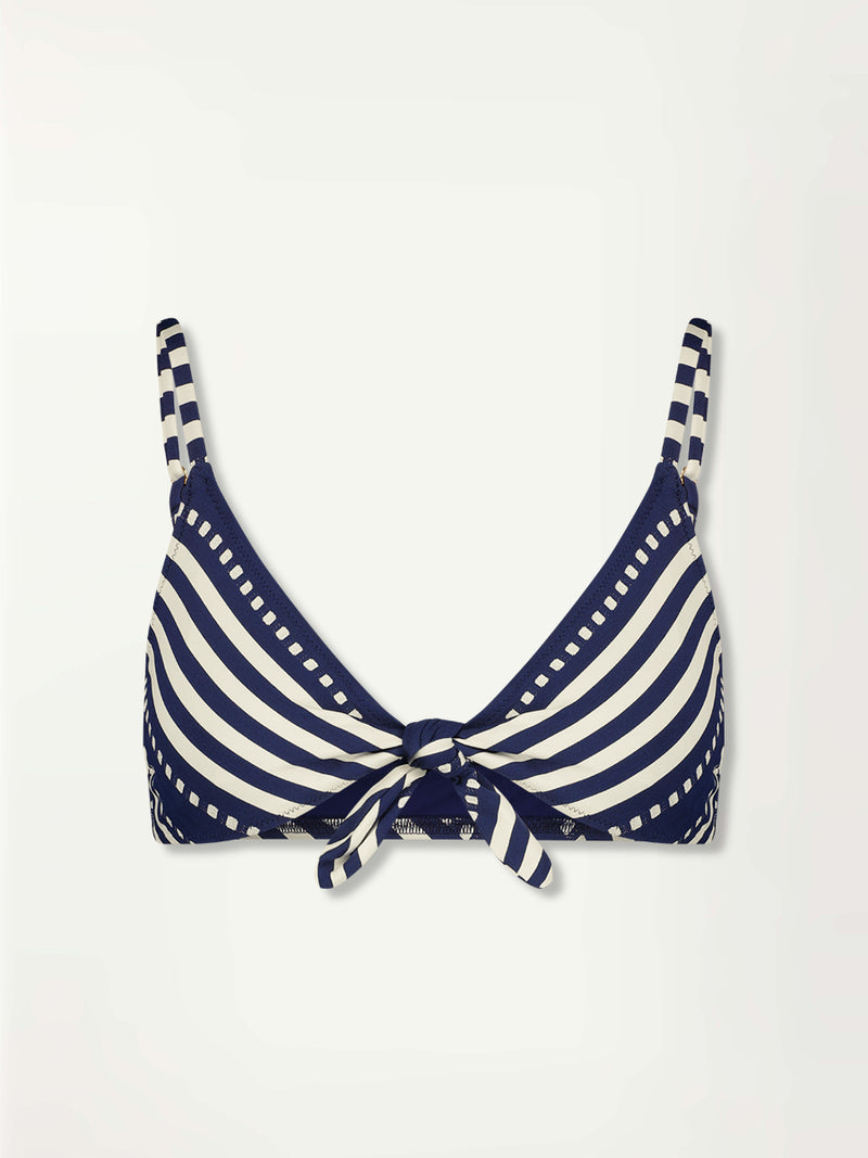 Product Front Shot of lemlem SARA Tie  Front Top featuring a classic navy background with ivory stripes and dots 