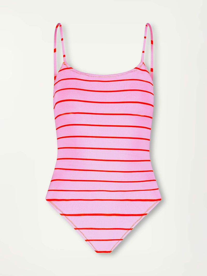 Product Front Shot of lemlem ELENE One Piece featuring  soft pink color accented by neon orange red stripes 