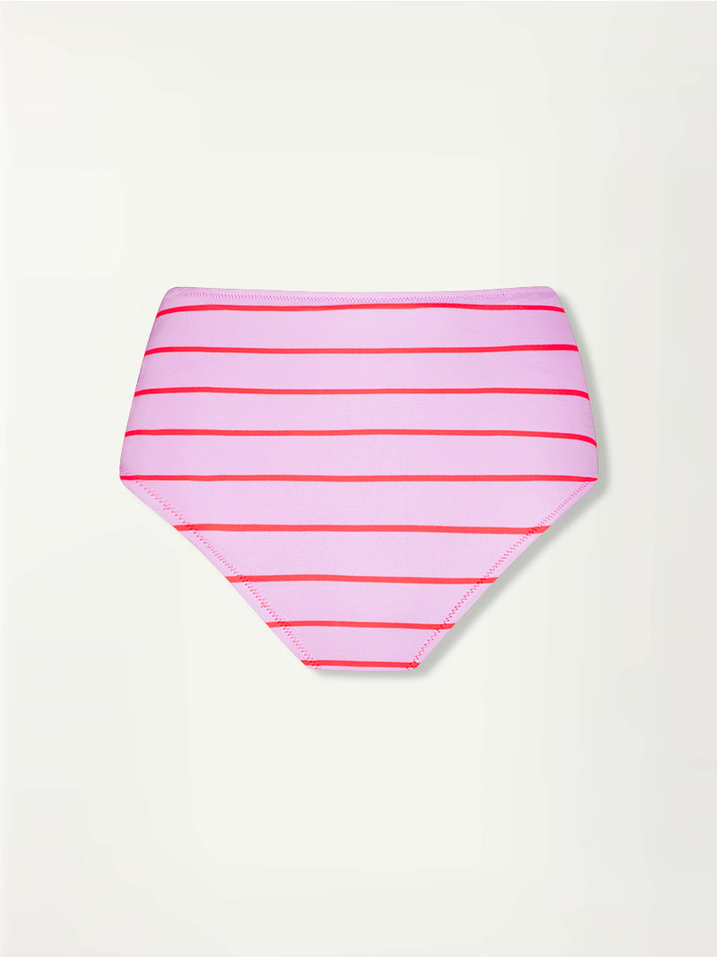 Product Front Shot of lemlem ELSI High Waist Bottom featuring soft pink color accented by neon orange red stripes 