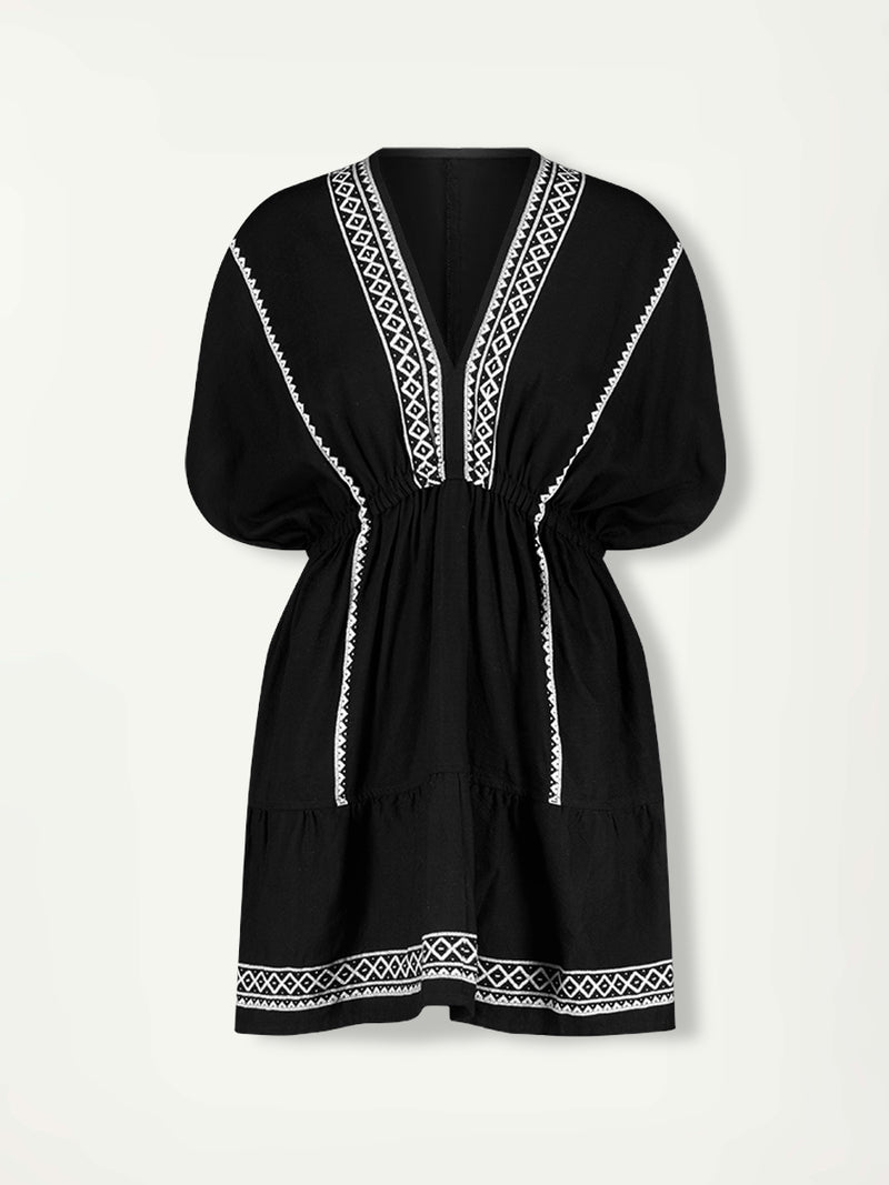 Product Front Shot of  lemlem ALEM Plunge Dress Featuring rich black background with intricate cream Tibeb border pattern