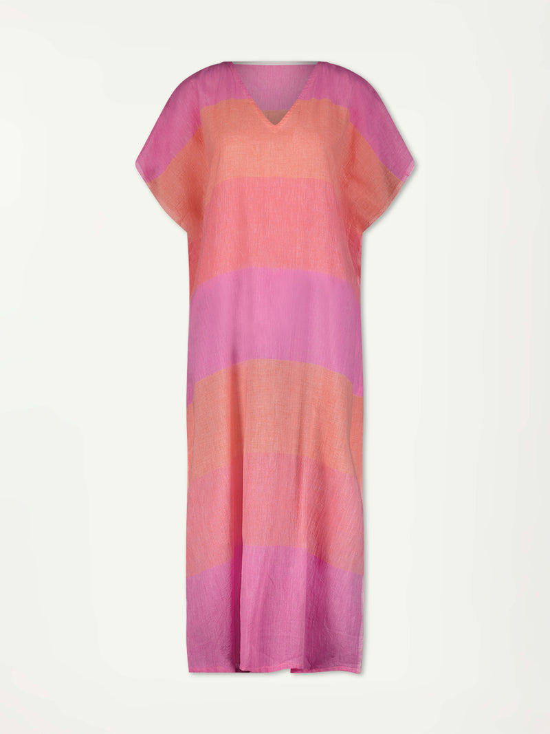 Product Front Shot lemlem DALILA Caftan featuring gauzy fabric with a beautiful ombre color block of pink, blush, and peach colors.