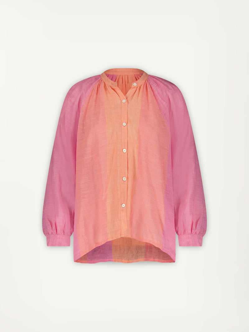 Product Shot of a  lemlem MITA Blouse featuring gauzy fabric with a beautiful ombre color block of pink, blush, and peach colors