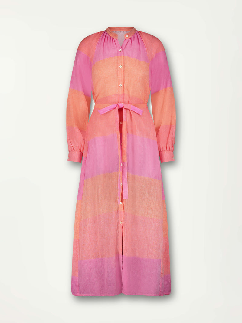 Product Front Shot of  lemlem Makeda Dress featuring gauzy fabric with a beautiful ombre color block of pink, blush, and peach colors