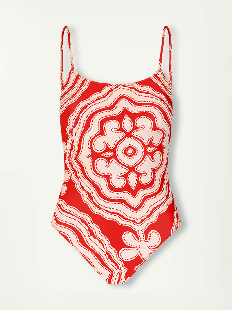 Product Front Shot of lemlem ELENE One Piece swimsuit featuring custom-designed print inspired by ancient architectural patterns, blending the classic with the contemporary. 