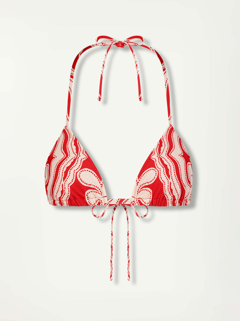 Product Front Shot of  lemlem MALIA Triangle Top featuring custom-designed print inspired by ancient architectural patterns 