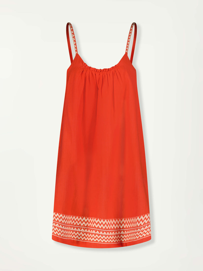 Product Front Shot lemlem ZINA Dress featuring an intricate Tibeb pattern in rich red and vanilla colors