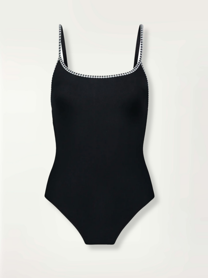 Product-shot of the front of the Lena Classic One Piece in Black featuring a black and white tibeb trim.