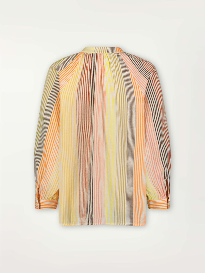Product Back Shot of lemlem Mita Button Up Blouse featuring continuous stripe pattern in warm yellow, orange and peach tones.