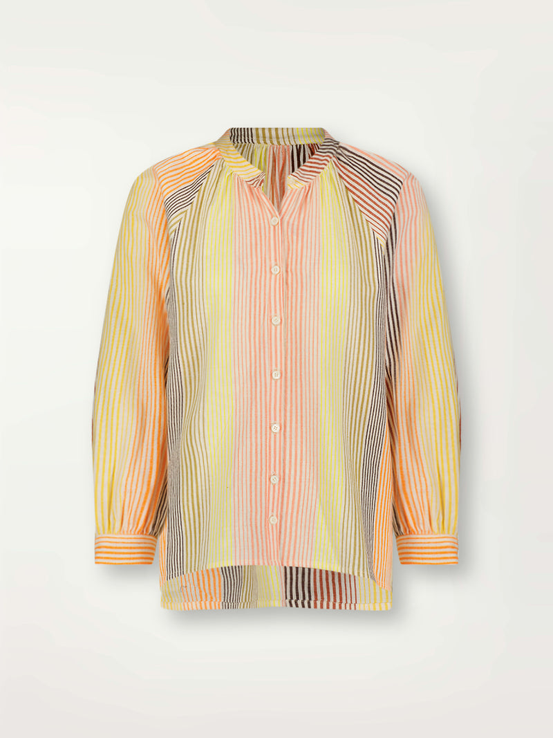 Product Front Shot of lemlem Mita Button Up Blouse featuring continuous stripe pattern in warm yellow, orange and peach tones.