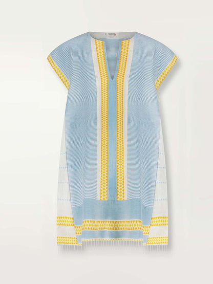 Product shot of the front of the Jemari Caftan Dress in sky blue featuring yellow and orange diamond patterns