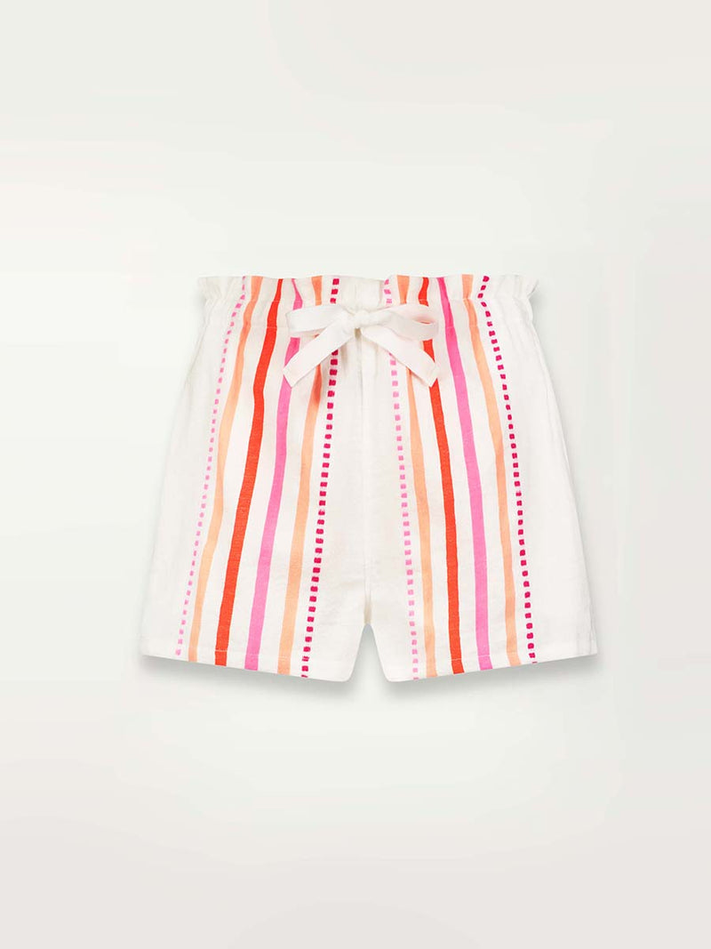 Product shot of the front of  the Eshe Shorts in pink featuring pink stripes and dots pattern