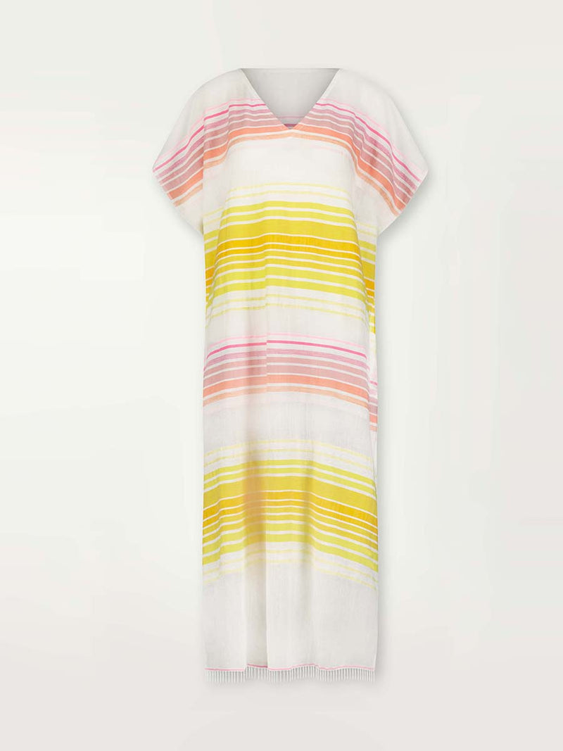 Product shot of the front of the Jamila Classic Caftan featuring shades of yellow and pink stripes on white foreground.