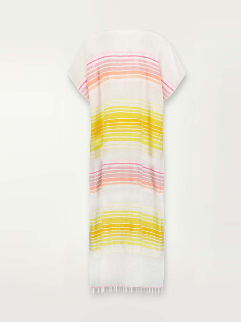 Product shot of the back of the Jamila Classic Caftan featuring shades of yellow and pink stripes on white foreground.