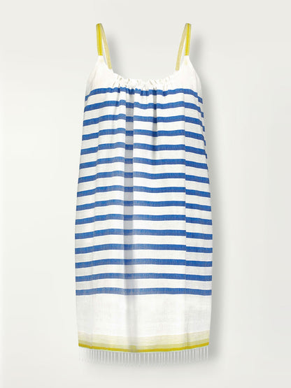 Product shot of the Hirut Tunic Dress in Blue featuring blue stripes on white foreground and yellow degrade straps and stripes at the bottom hem.