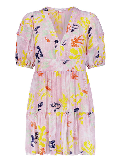 A product-shot of the front of the pale pink reef print Flutter Sleeve Dress