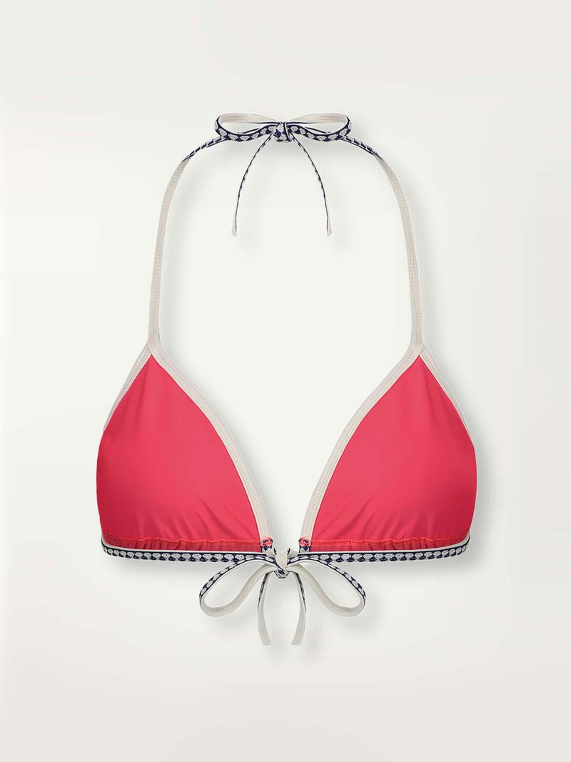 A product-shot of the back of the Lena Triangle Top in Hot Coral with white and navy diamond trim